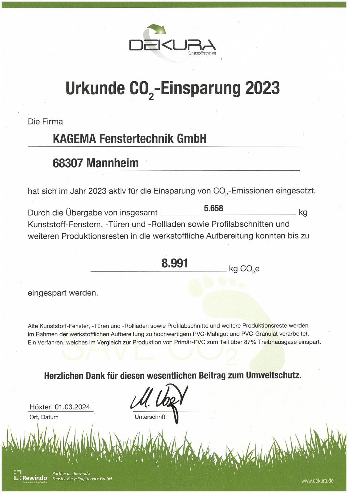 Urkunde CO2 Einsparung 2023